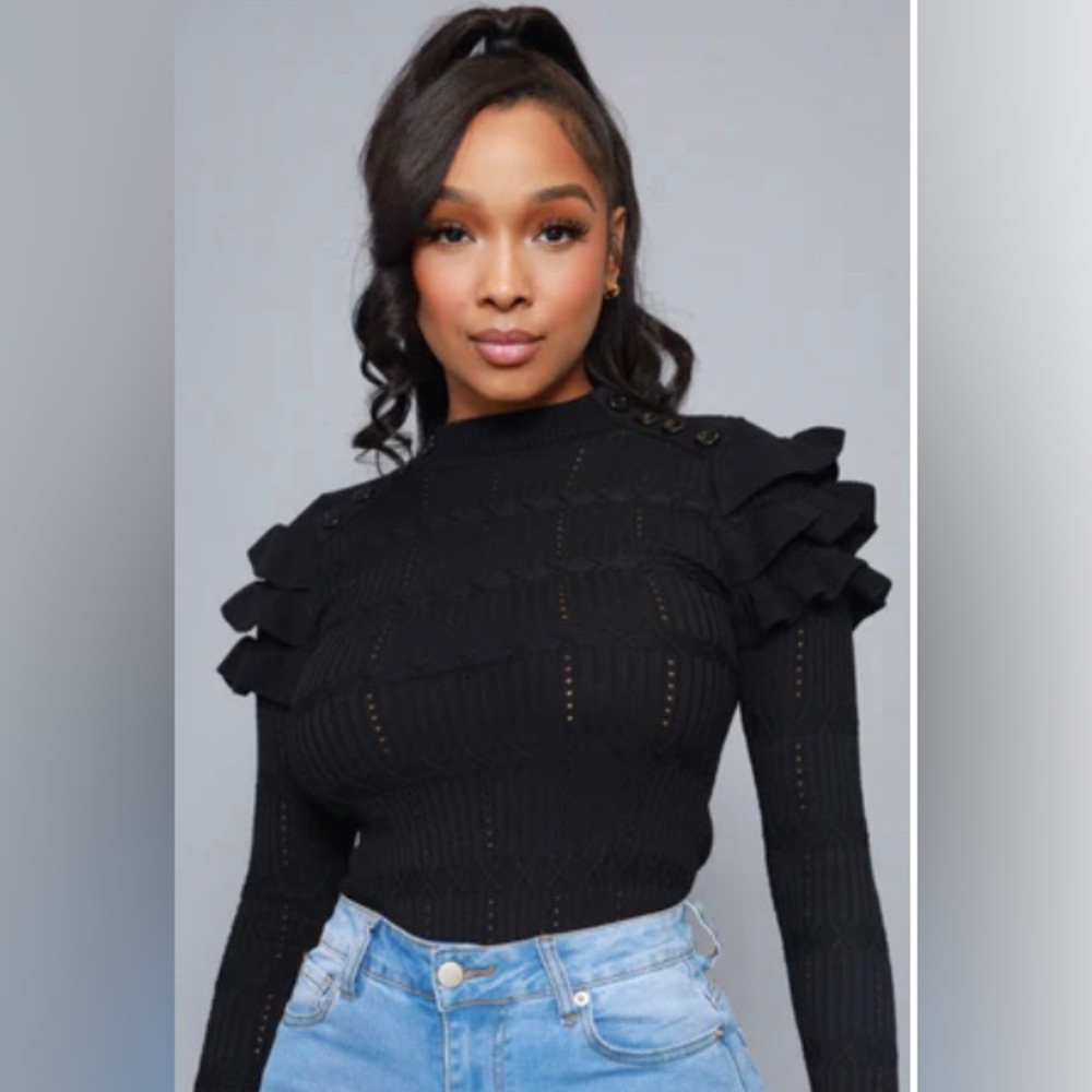 Maybe Not Ruffle Shoulder Turtleneck Sweater
